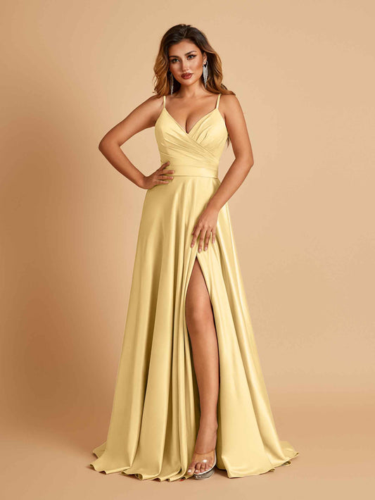 Satin A-line Long Bridesmaid Dresses Spaghetti Straps V-neck Side Slit Floor Length
