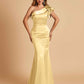 Satin One-shoulder Bridesmaid Dresses Ruffle Sleeves Mermaid Floor Length For Sale