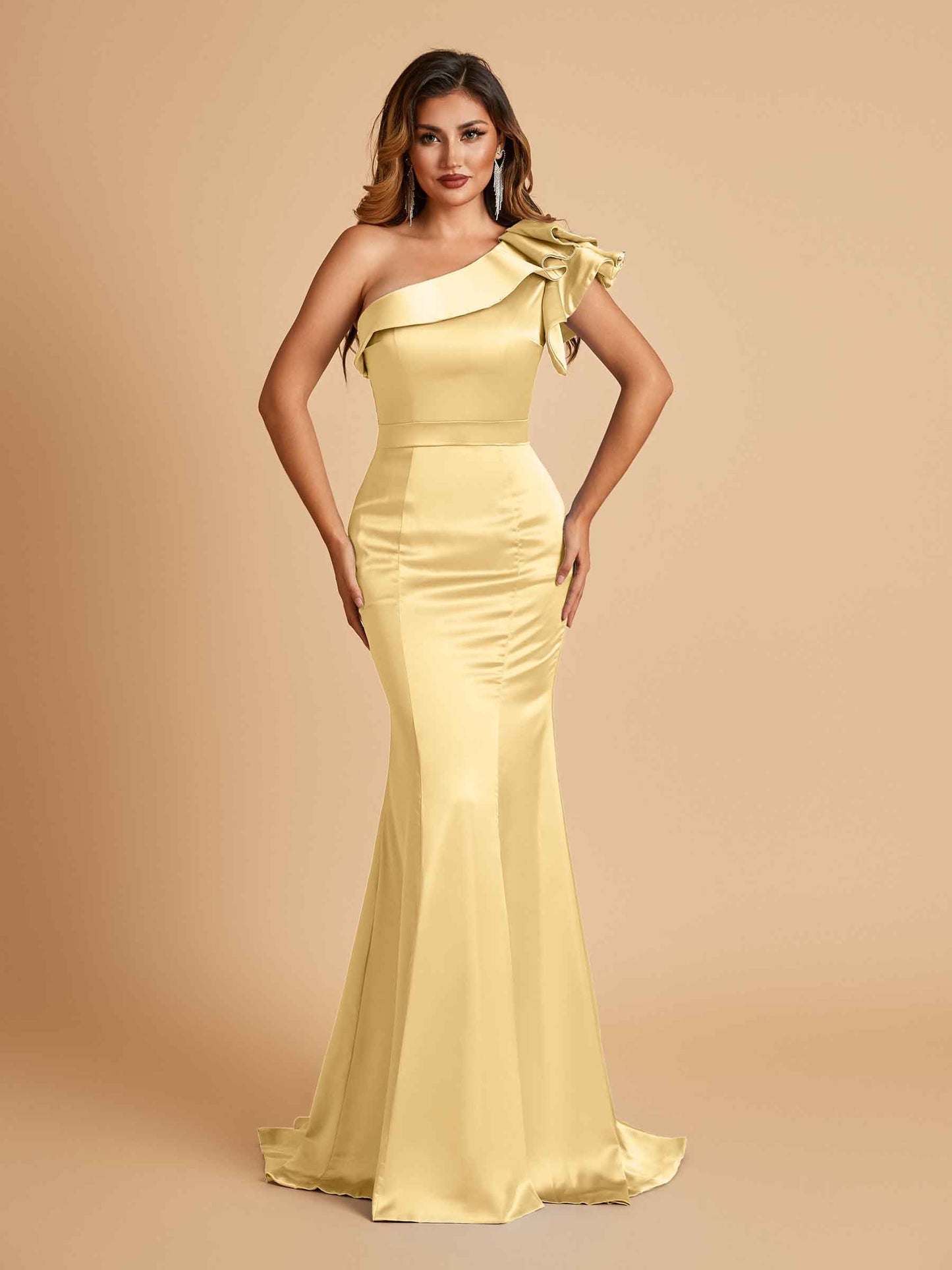 Satin One-shoulder Bridesmaid Dresses Ruffle Sleeves Mermaid Floor Length For Sale