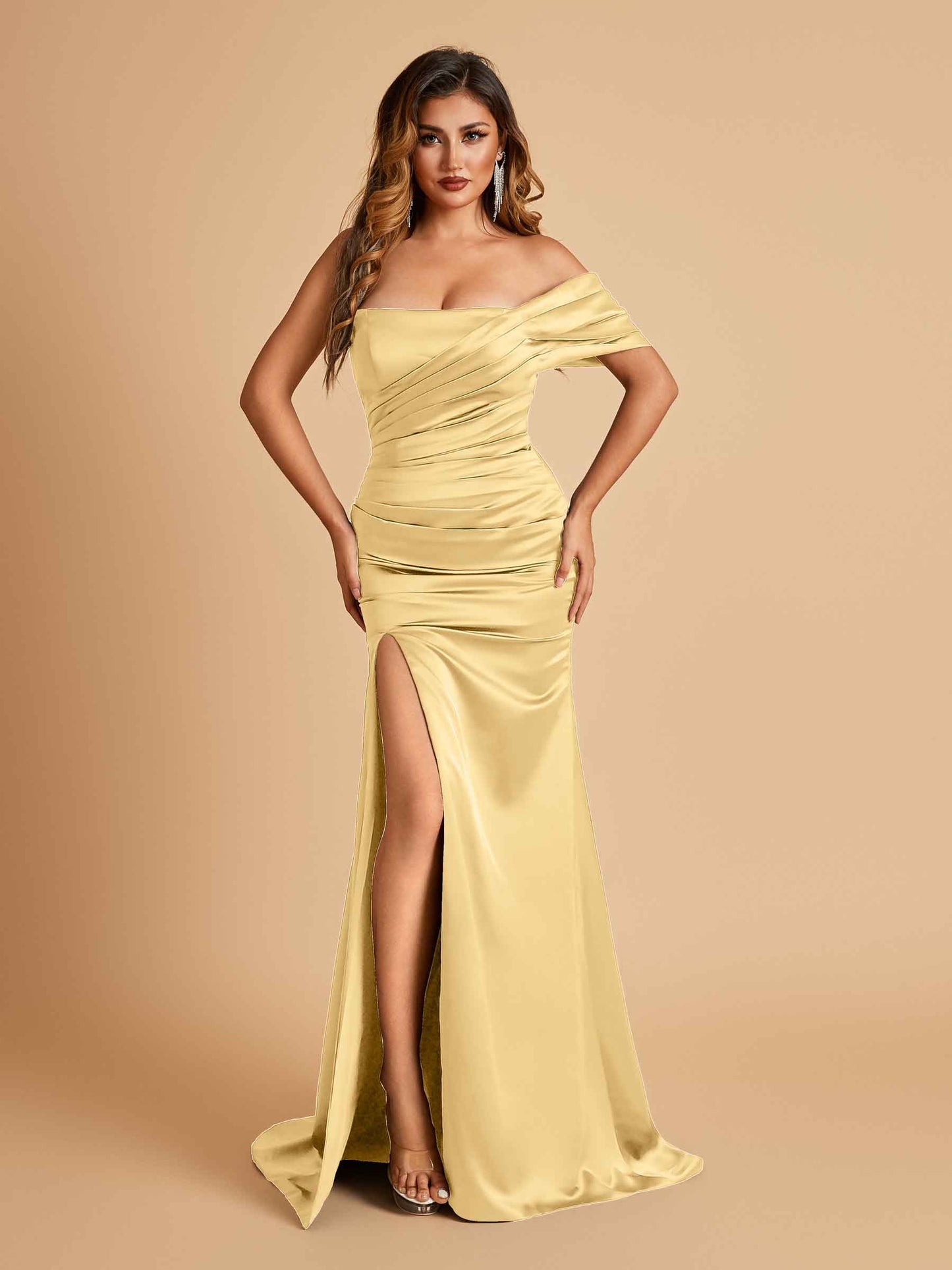 Satin One-shoulder Long Prom Dresses Side Slit With Pleats Mermaid