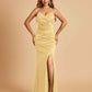 Sexy Satin Mermaid Bridesmaid Dresses Spaghetti Straps V-neck Side Slit Floor Length