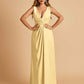 Sexy Satin Deep V-neck Long Bridesmaid Dresses A-line Pleats Sleeveless Floor Length