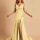 Sexy Satin Mermaid Open Back Prom Dresses Spaghetti Straps V-neck Side Slit