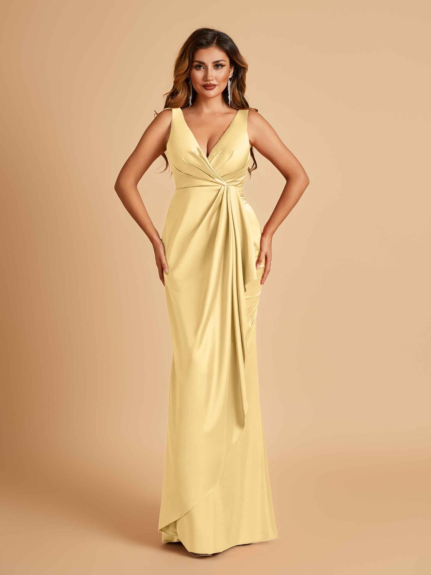 Sexy Satin Sheath V-neck Prom Dresses Strapless Floor Length
