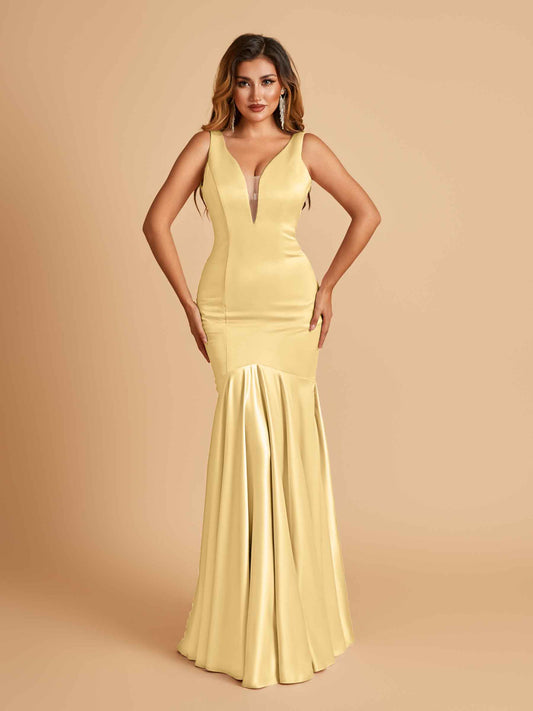 Satin Deep V-neck Mermaid Bridesmaid Dresses Half Open Back Floor Length
