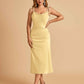 Sexy Satin Midi Prom Dresses Spaghetti Straps Slip Scoop Side Slit