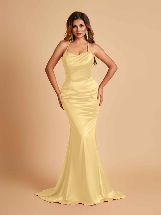 Sexy Satin Mermaid Bridesmaid Dresses Spaghetti Straps Scoop Criss-cross Back