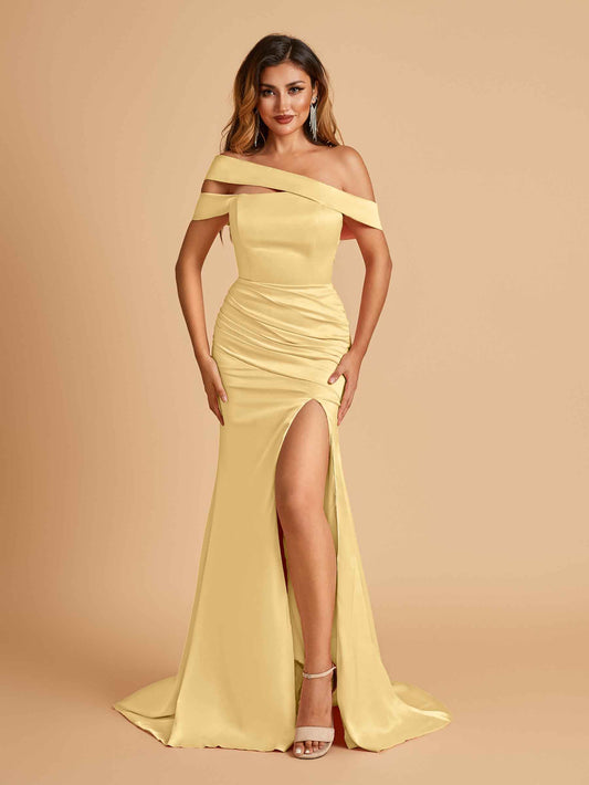 Unique Satin Mermaid Bridesmaid Dresses With Off Shoulder Straps Side Slit Floor Length