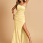 Sexy Strapless Long Bridesmaid Dresses Satin Side Slit Pleats Floor Length Sheath