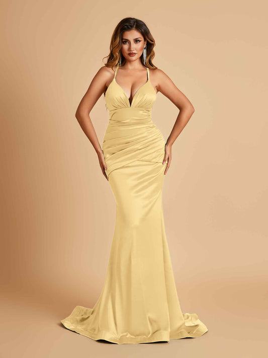 Satin Mermaid Open-back Bridesmaid Dresses Spaghetti Straps V-neck With Pleats Floor Length