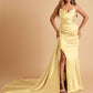 Sexy Satin Sheath Bridesmaid Dresses Strapless Sweetheart Side Slit With Train