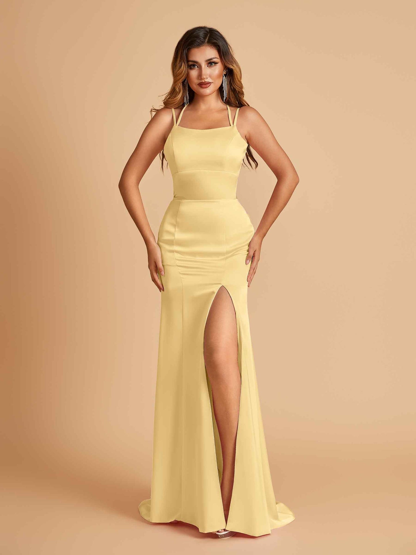 Satin Mermaid Long Bridesmaid Dresses Spaghetti Straps Scoop Side Slit Criss-cross Back For Sale