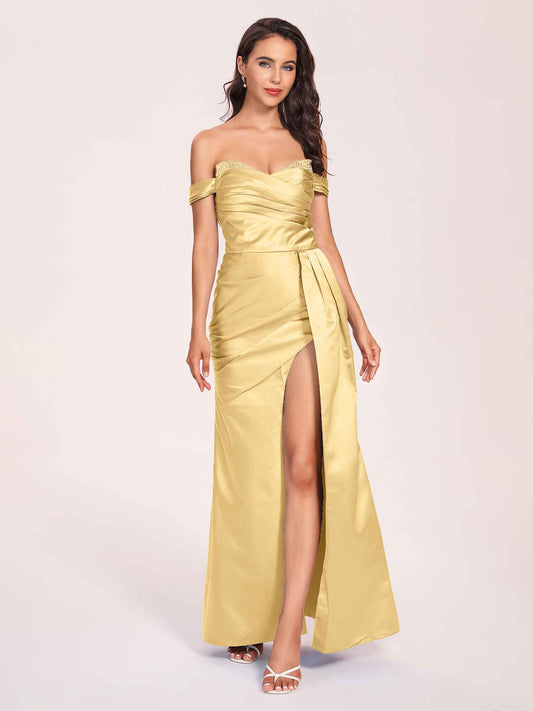 Elegant Satin Off Shoulder Bridesmaid Dresses Side-slit Sweetheart Floor Length Sheath