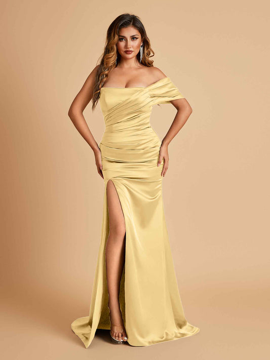 Satin One-shoulder Long Bridesmaid Dresses Side Slit With Pleats Mermaid