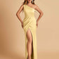 Satin One-shoulder Bridesmaid Dresses Sheath Side Slit Sleeveless Floor Length