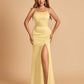 Satin Mermaid Long Bridesmaid Dresses Spaghetti Straps Scoop Side Slit Criss-cross Back