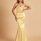 Satin Mermaid Open Back Bridesmaid Dresses Spaghetti Straps Scoop Floor Length