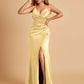 Sexy Satin Sheath Bridesmaid Dresses Spaghetti Straps V-neck Side Slit Pleats Floor Length