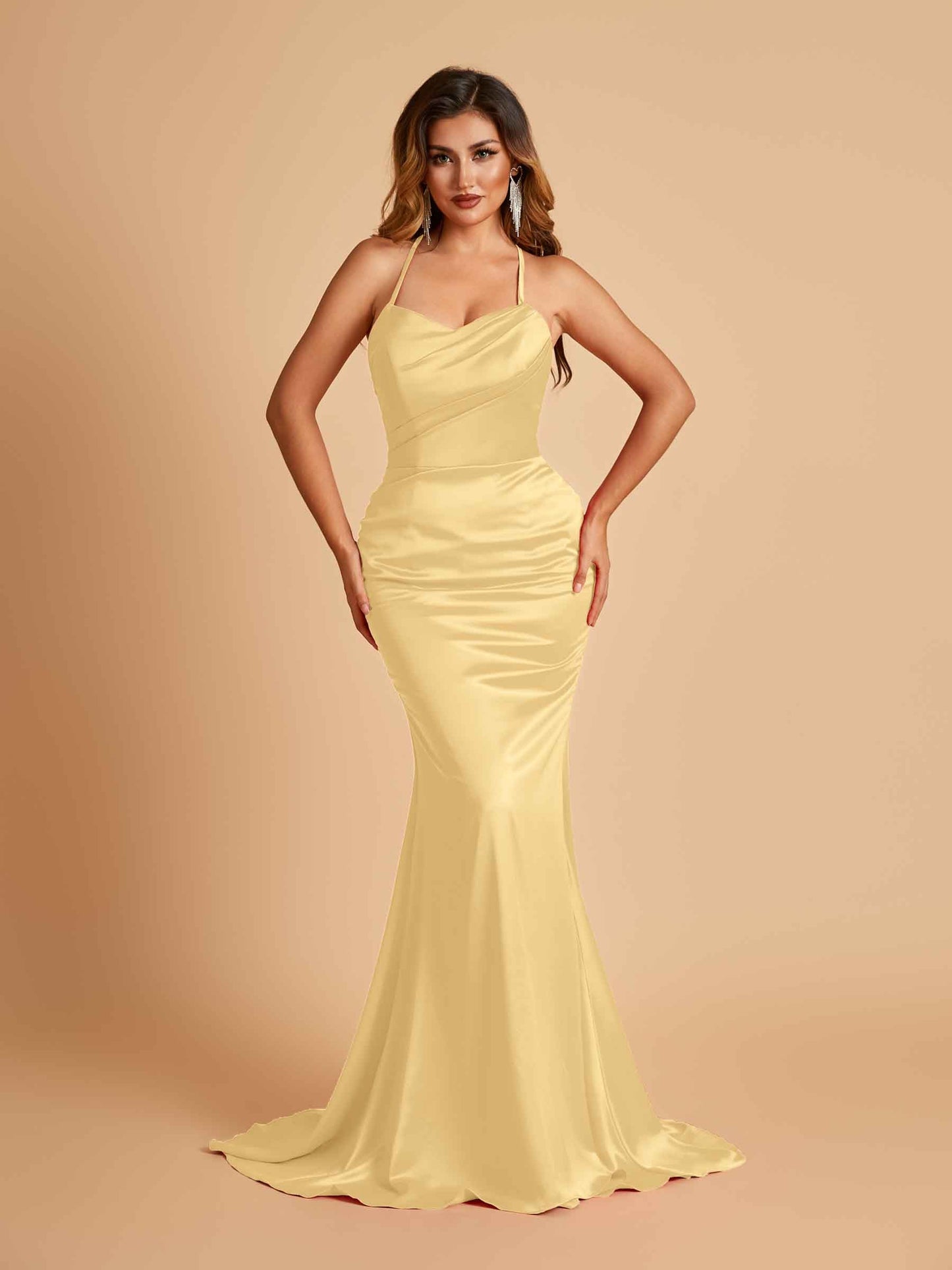 Sexy Satin Mermaid Prom Dresses Spaghetti Straps Scoop Criss-cross Back