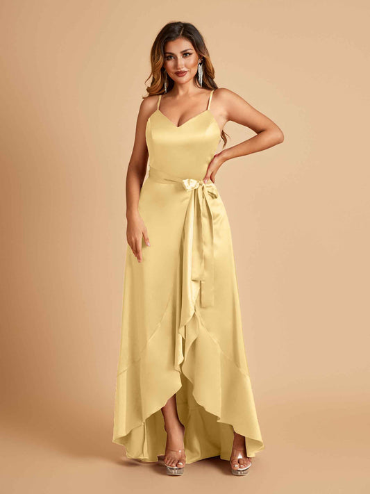 Satin Asymmetric V-neck Bridesmaid Dresses Sleeveless Side Slit A-line Unique