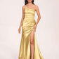 Satin One-shoulder Mermaid Prom Dresses Side Slit Pleats Floor Length