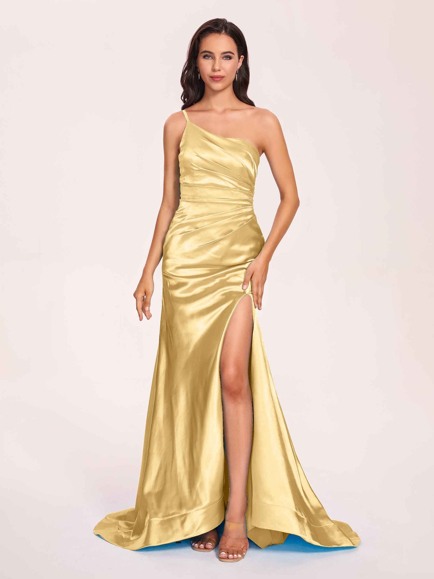 Satin One-shoulder Mermaid Prom Dresses Side Slit Pleats Floor Length