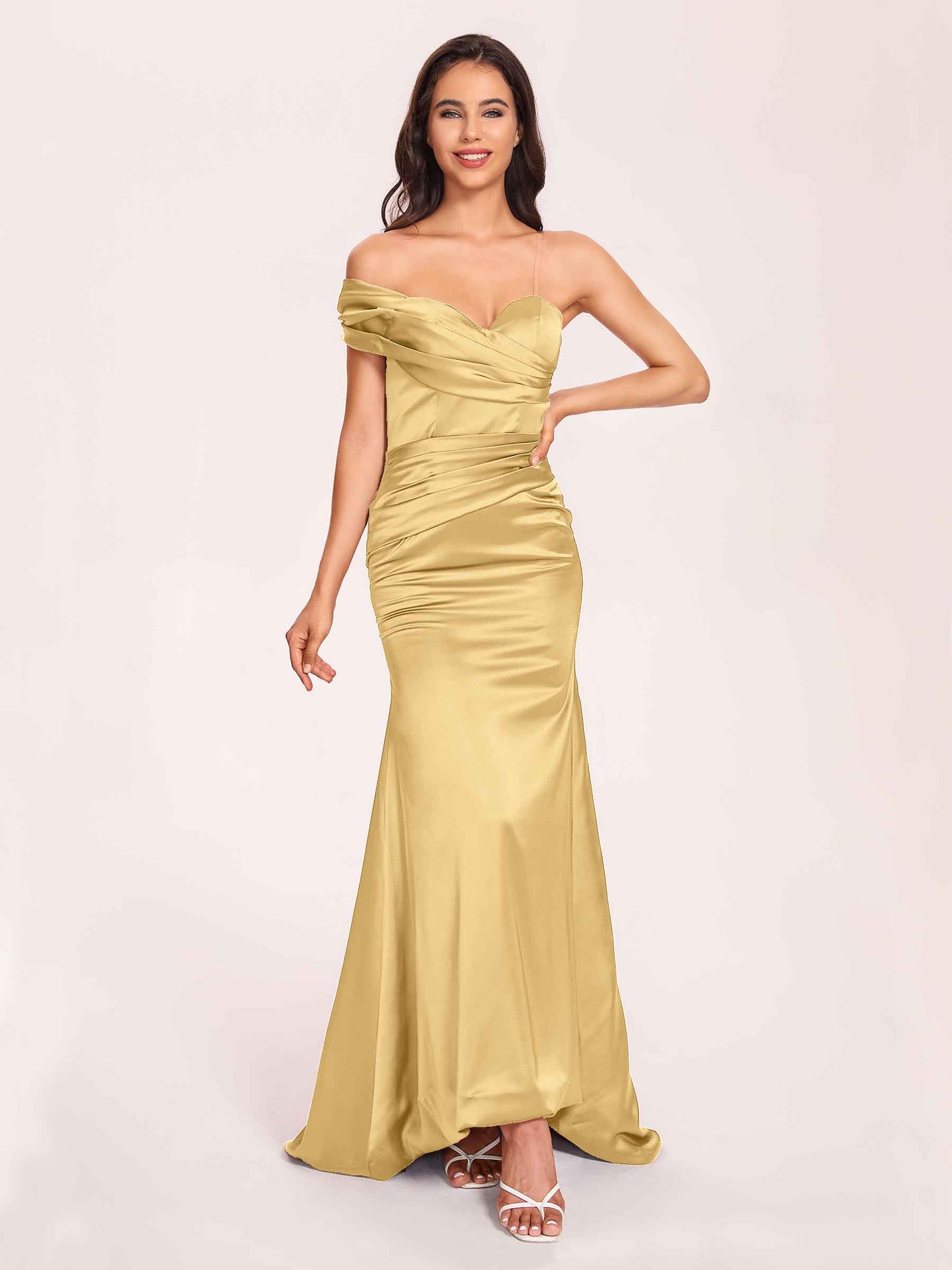 Satin One-shoulder Bridesmaid Dresses Pleats Floor Length Mermaid Long