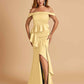 Satin Mermaid Off Shoulder Prom Dresses With Ruffles Side Slit Floor Length