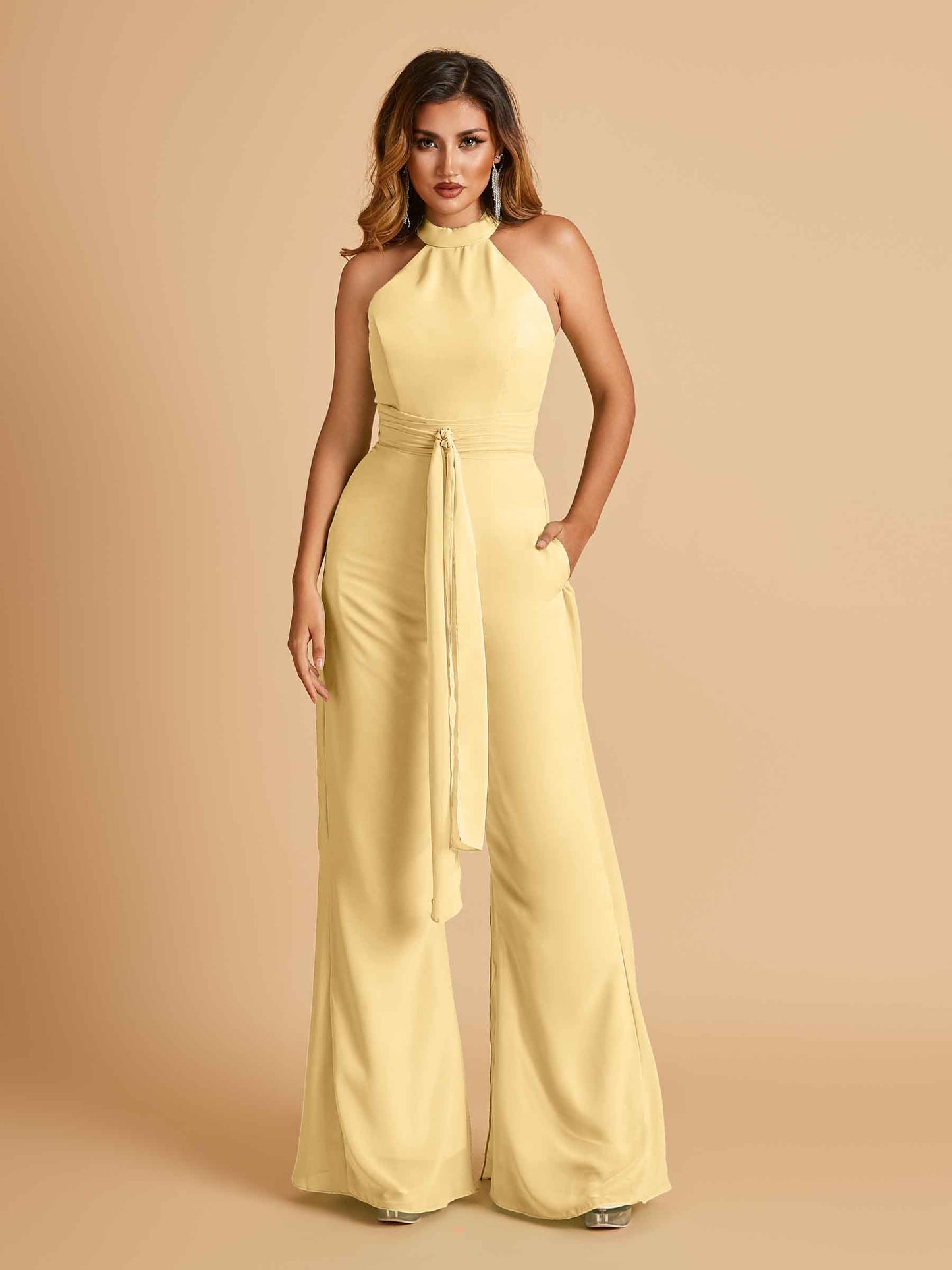 Chiffon Bridesmaid Jumpsuit Jewel Neck Sleeveless Floor Length With Pockets