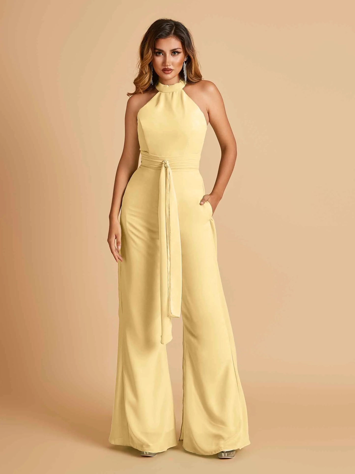Chiffon Bridesmaid Jumpsuit Jewel Neck Sleeveless Floor Length With Pockets For Sale