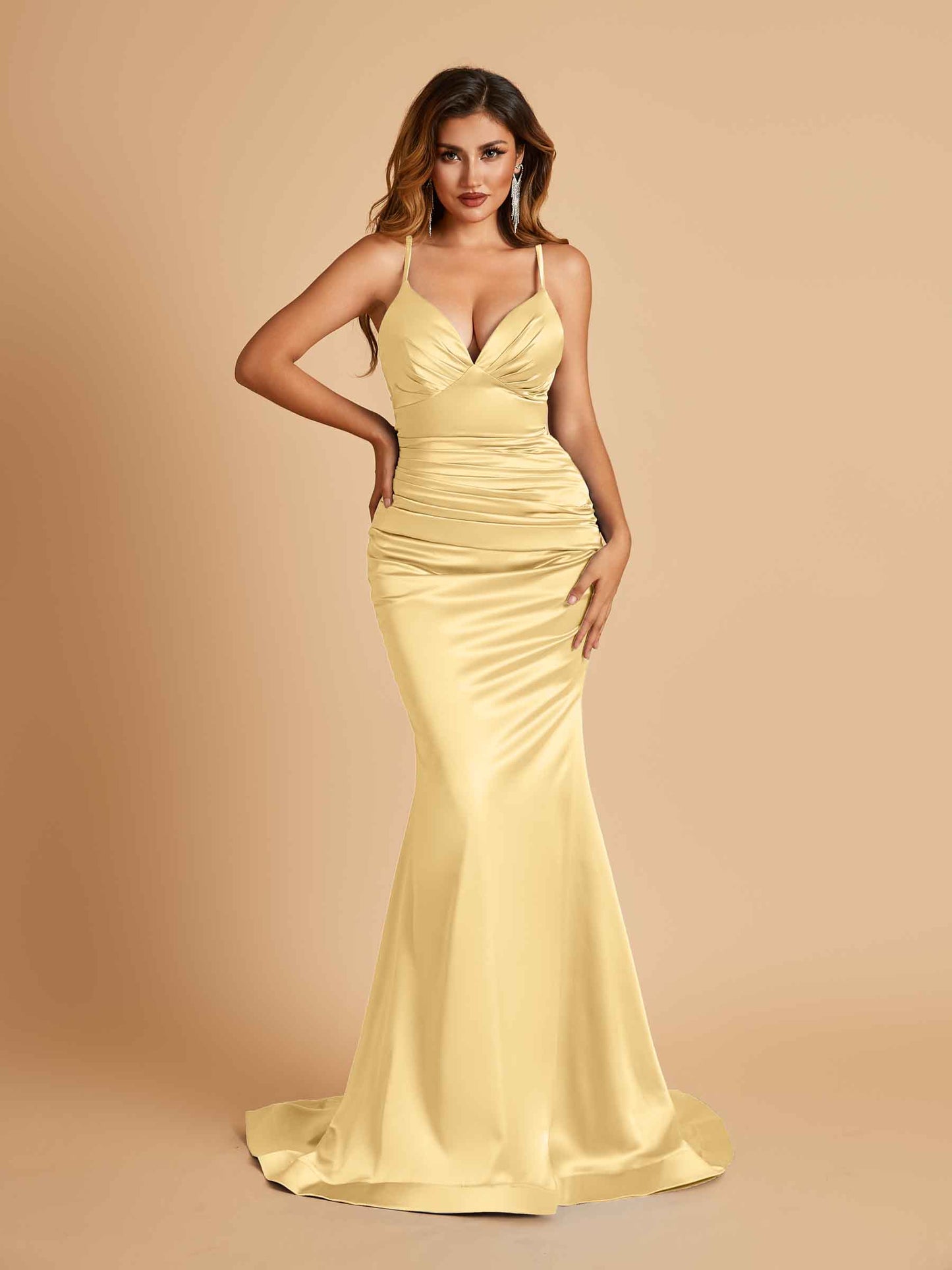 Satin Mermaid V-neck Bridesmaid Dresses Spaghetti Straps Floor Length