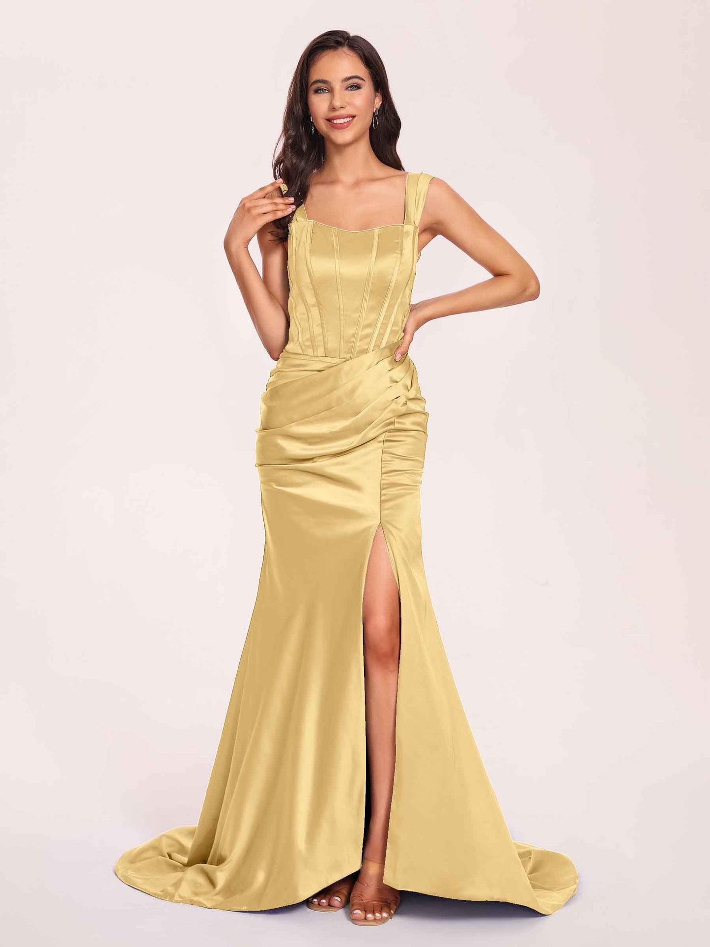 Sexy Satin Square Mermaid Bridesmaid Dresses Pleats Side-Slit Floor-Length Sleeveless