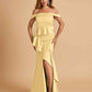Satin Mermaid Off Shoulder Bridesmaid Dresses With Ruffles Side Slit Floor Length