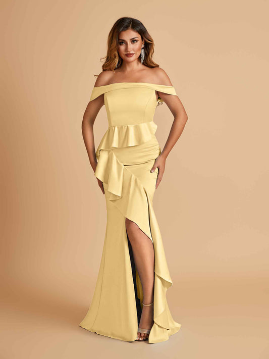 Satin Mermaid Off Shoulder Bridesmaid Dresses With Ruffles Side Slit Floor Length