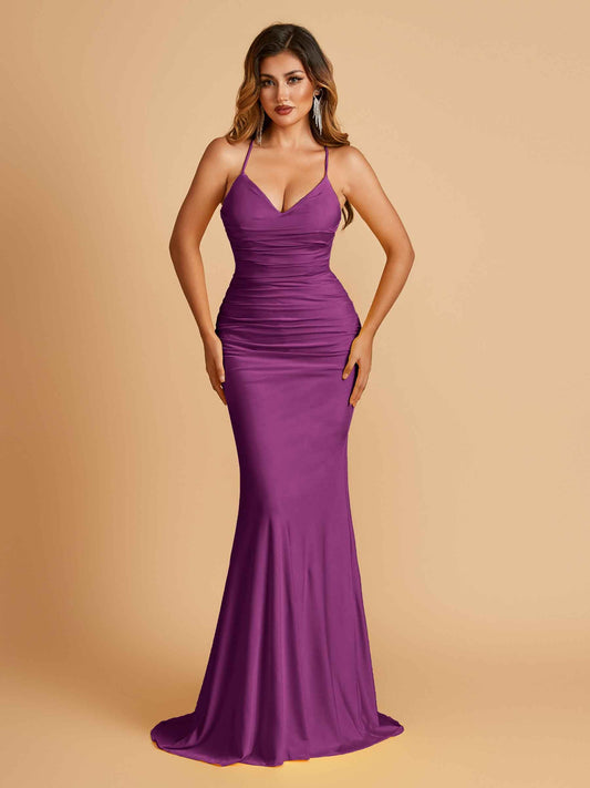 Sexy Jersey Spaghetti Straps Prom Dresses V-neck Mermaid Criss-cross Back Floor Length