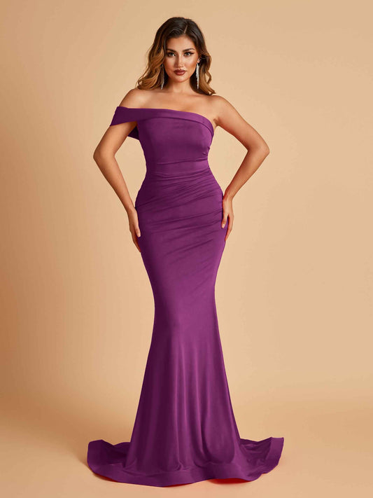 Sexy Jersey One Shoulder Prom Dresses Mermaid Pleats Floor Length Unique