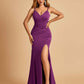 Jersey Mermaid Bridesmaid Dresses Spaghetti Straps V-neck Side Slit Pleats Floor Length