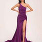 Jersey One-shoulder Prom Dresses Open Back Pleats Side-Slit With Train Long