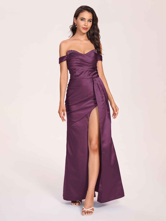 Elegant Satin Off Shoulder Bridesmaid Dresses Side-slit Sweetheart Floor Length Sheath