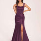 Sexy Satin Square Mermaid Bridesmaid Dresses Pleats Side-Slit Floor-Length Sleeveless