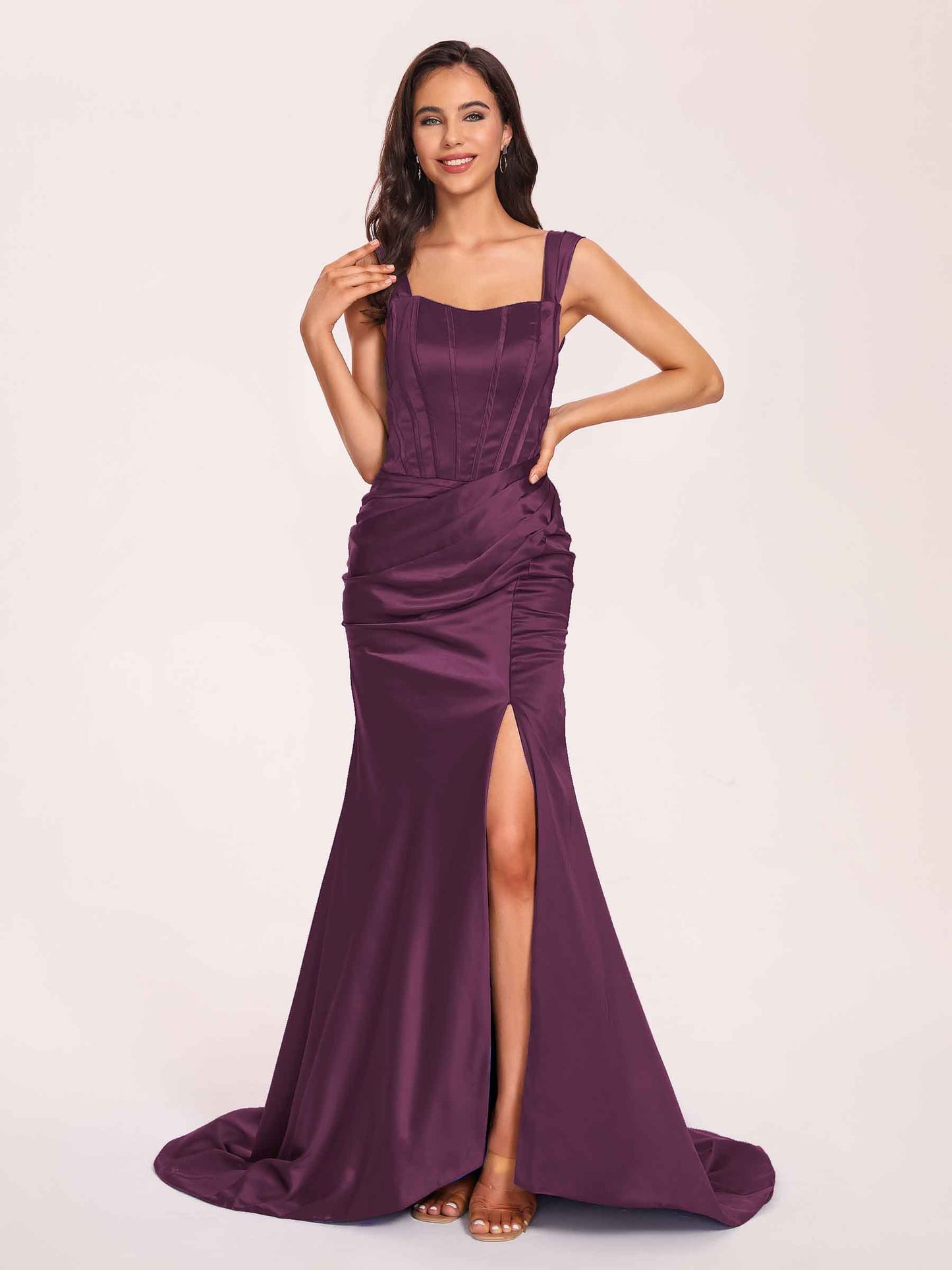 Sexy Satin Square Mermaid Bridesmaid Dresses Pleats Side-Slit Floor-Length Sleeveless