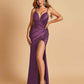 Sexy Satin Spaghetti Straps Prom Dresses V-neck Side Slit Pleats Floor Length Sheath
