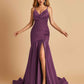 Sexy Satin Mermaid Open Back Prom Dresses Spaghetti Straps V-neck Side Slit
