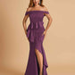 Satin Mermaid Off Shoulder Bridesmaid Dresses With Ruffles Side Slit Floor Length