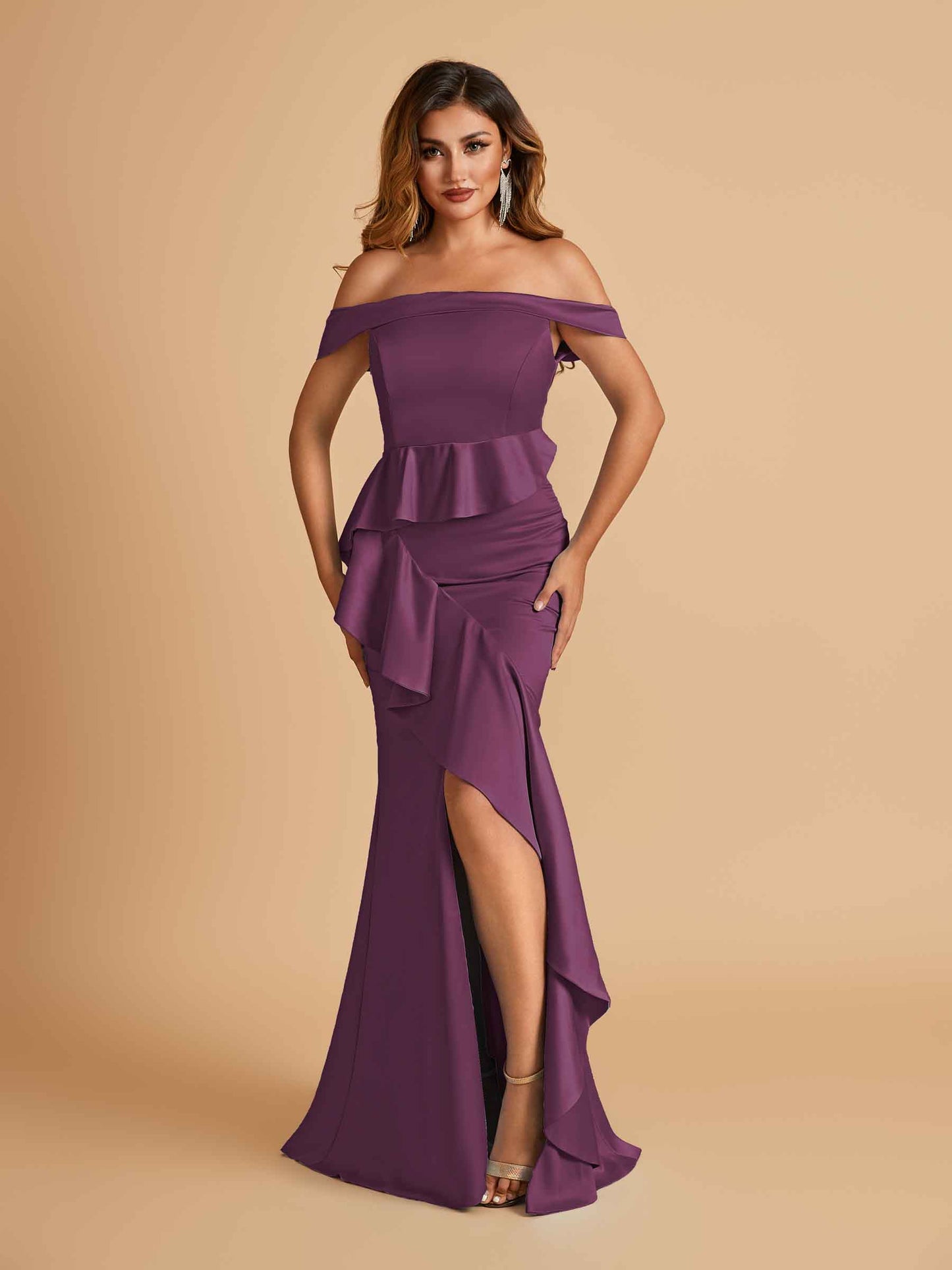 Satin Mermaid Off Shoulder Bridesmaid Dresses With Ruffles Side Slit Floor Length