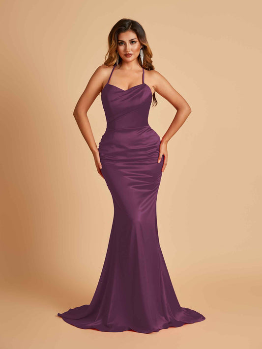 Sexy Satin Mermaid Bridesmaid Dresses Spaghetti Straps Scoop Criss-cross Back