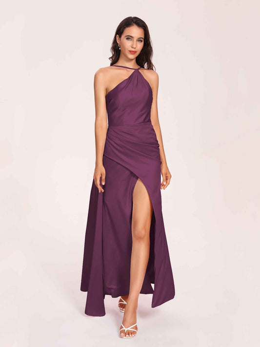 Sexy Satin Halter Strap Sheath Bridesmaid Dresses Side Slit Pleats Floor Length