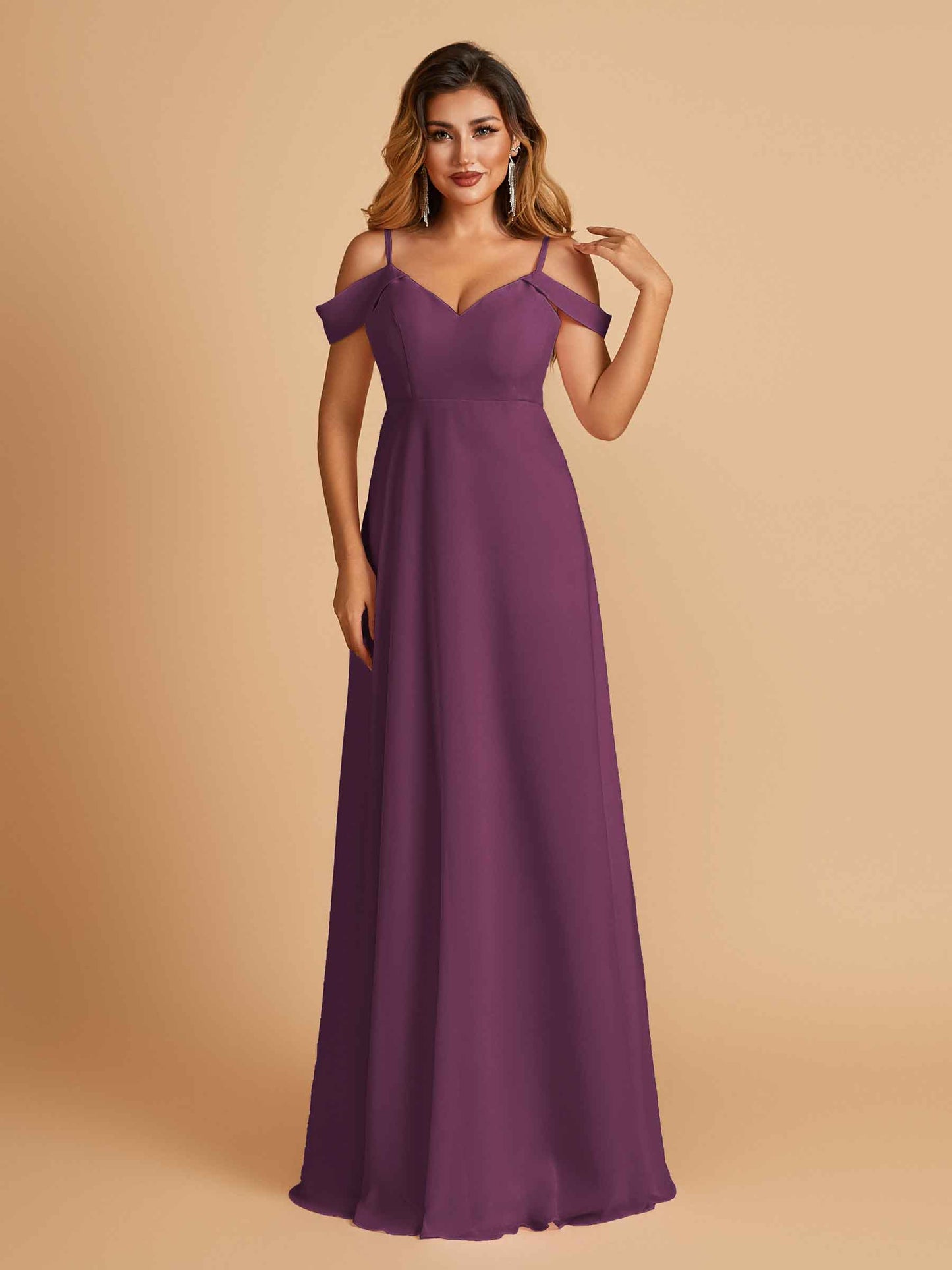 Chiffon Off-shoulder Long Bridesmaid Dresses V-neck Floor Length A-line