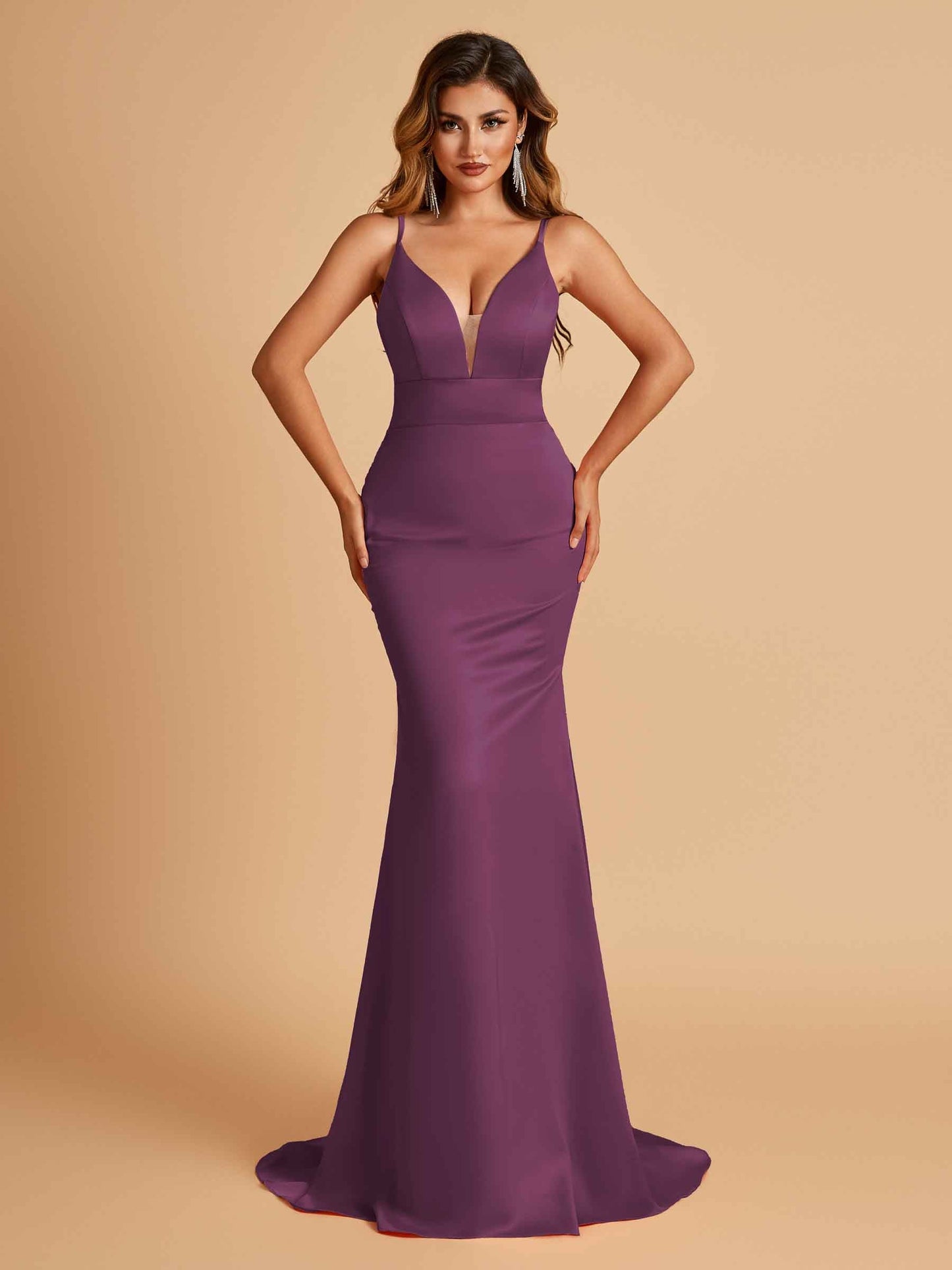 Satin Deep V-neck Mermaid Prom Dresses Open Back Floor Length