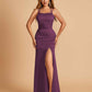 Satin Mermaid Long Bridesmaid Dresses Spaghetti Straps Scoop Side Slit Criss-cross Back